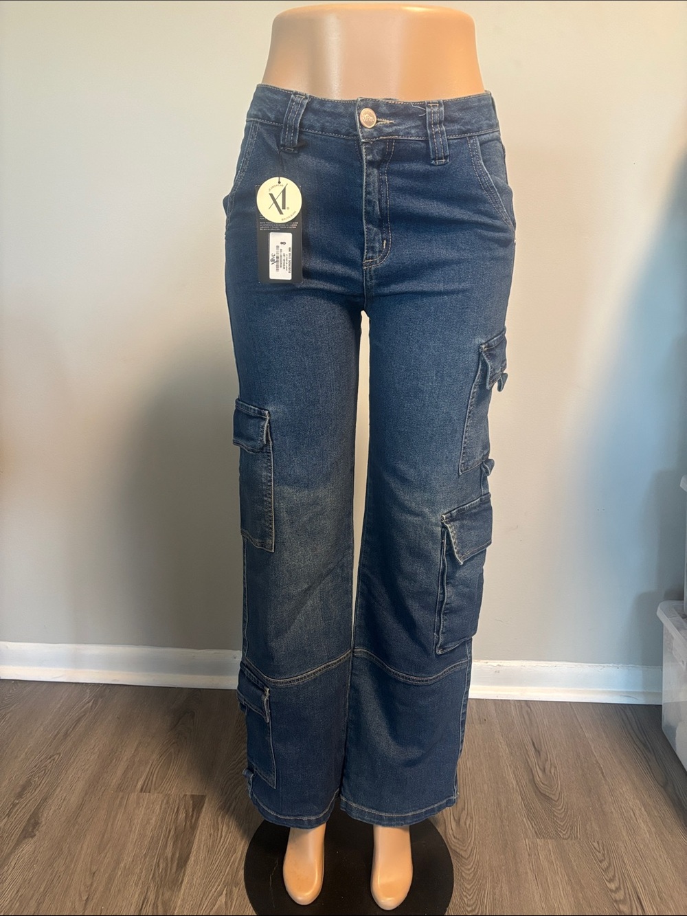 Straight Leg Dark Blue Cargo Jeans with Utility Pockets